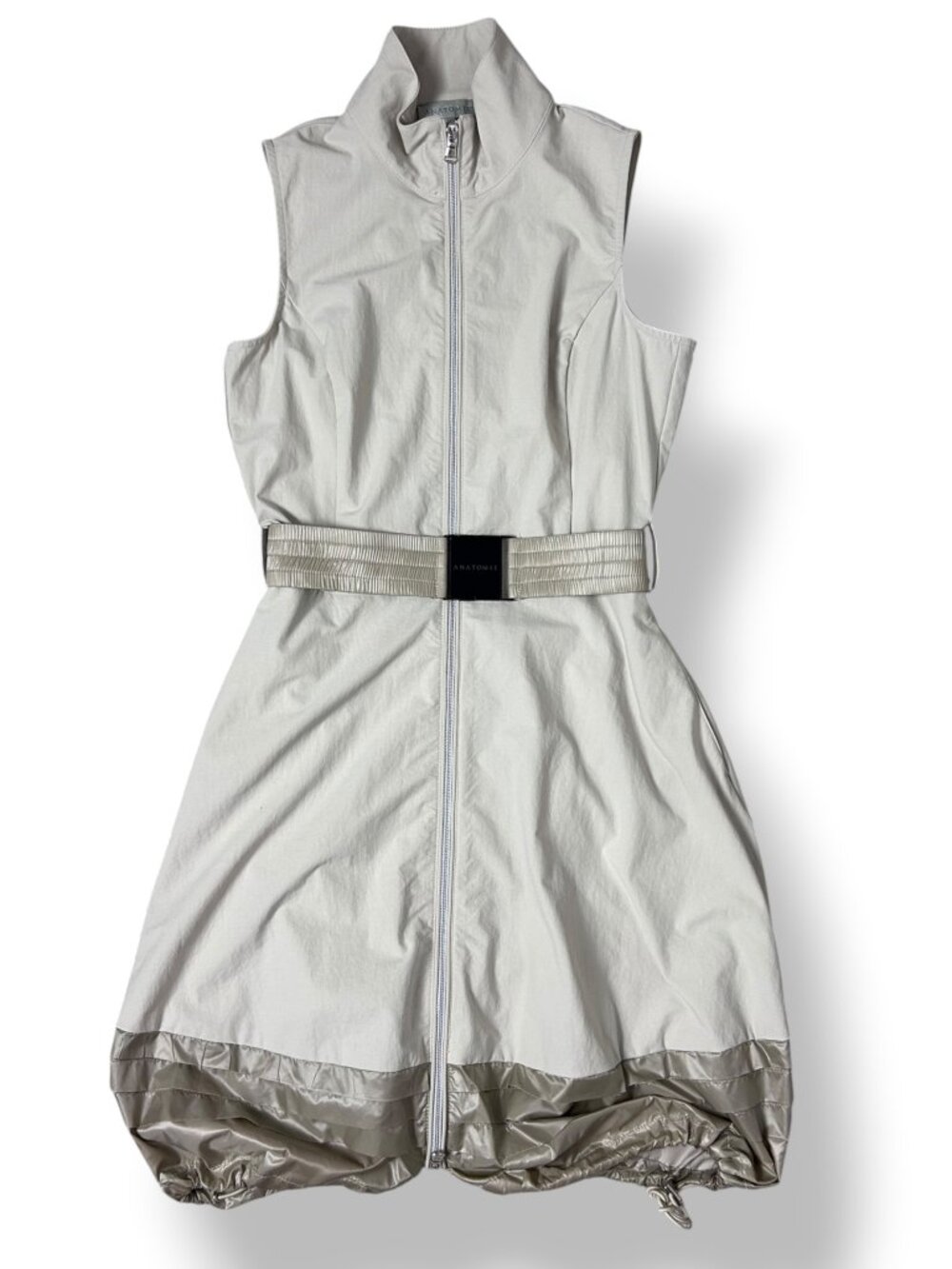 Anatomie Performance Katana Dress Sleeveless Belted Bubble Hem Tan Khaki Sz XS